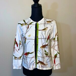 CABI Women's Small stretch button down Cardigan with Perched Birds